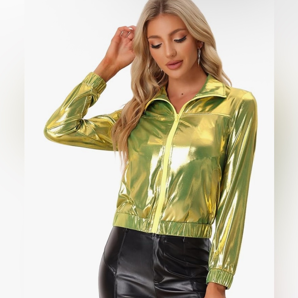 Metallic Green Collared Bomber Long Sleeve Jacket with Pockets - Picture 2 of 7